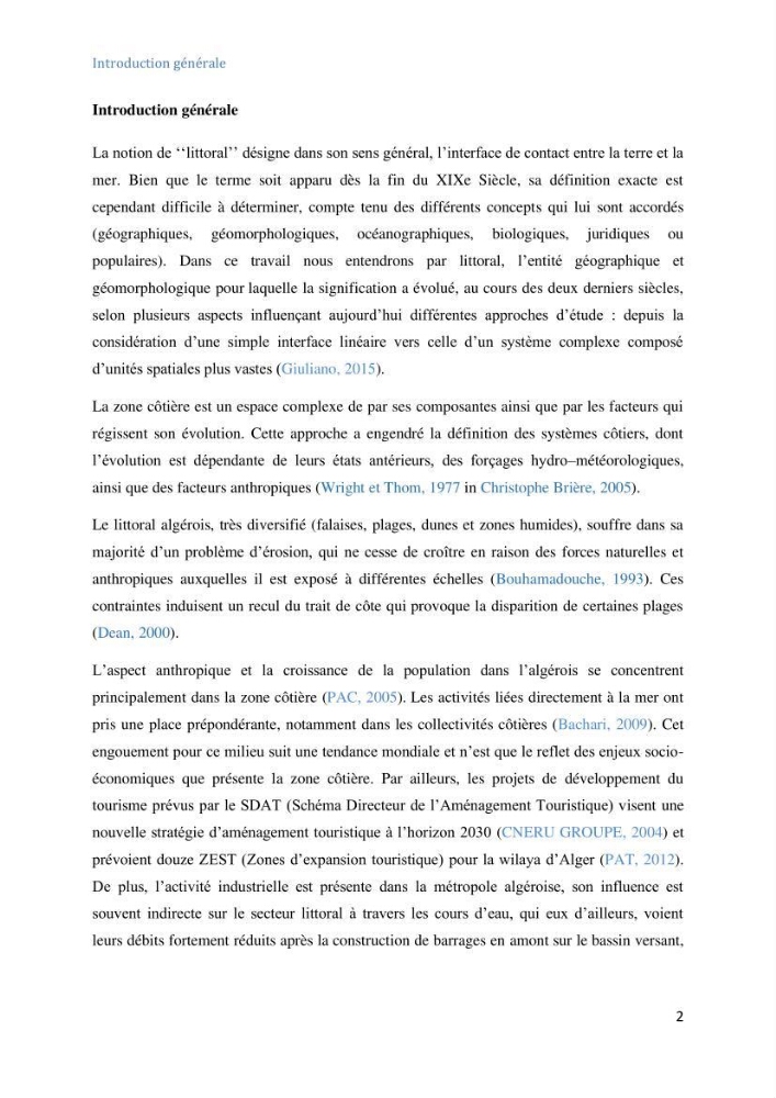 Etude et evaluation de la vulnerabilité des systèmes cotiers dans la région Algéroise