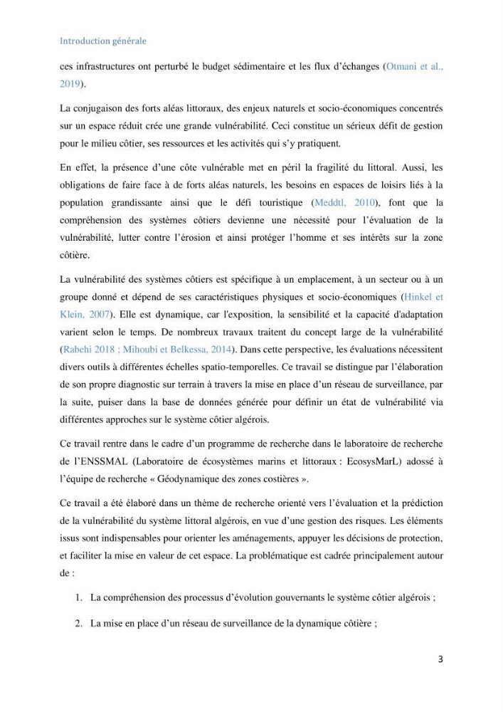 Etude et evaluation de la vulnerabilité des systèmes cotiers dans la région Algéroise