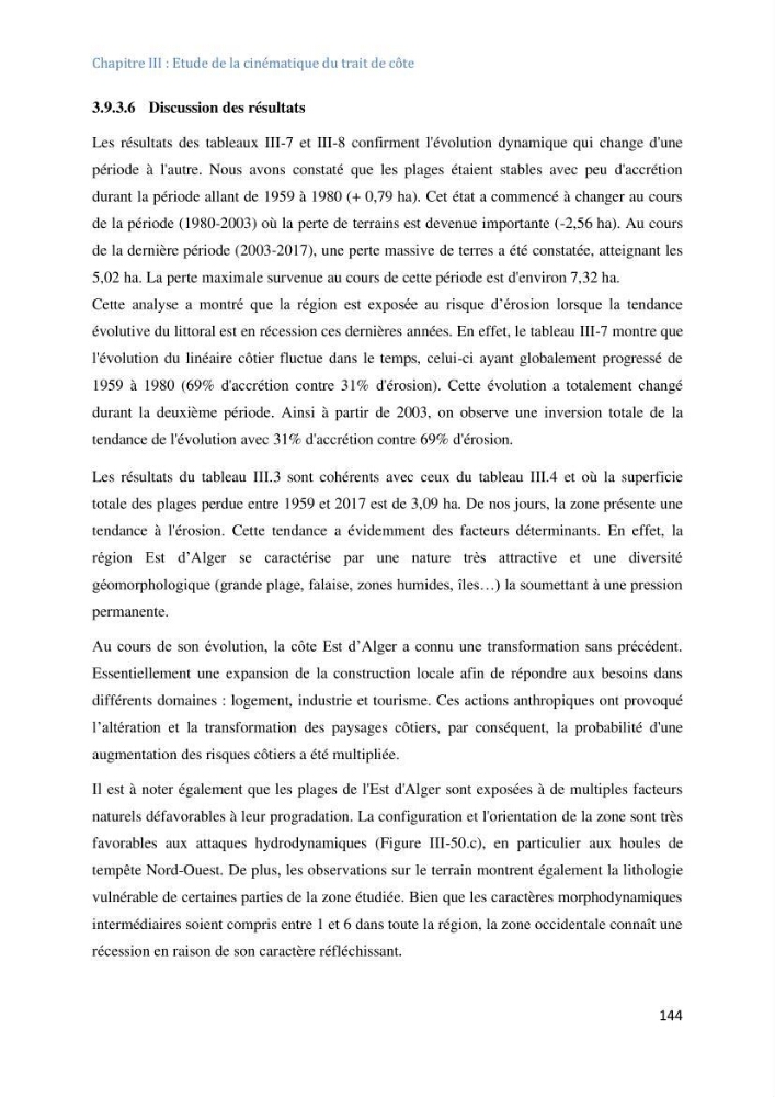 Etude et evaluation de la vulnerabilité des systèmes cotiers dans la région Algéroise