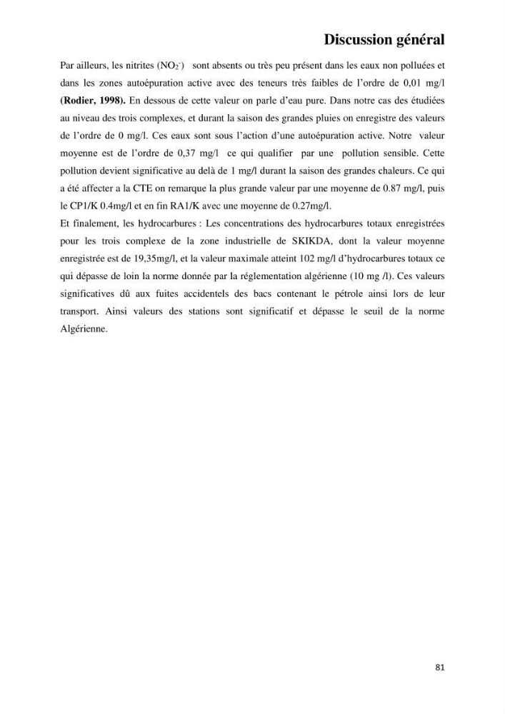 Suivi environnemental de la qualité des eaux adjacentes à une station de production pétrochimique (cas de Skikda,Est du bassin Algerien):