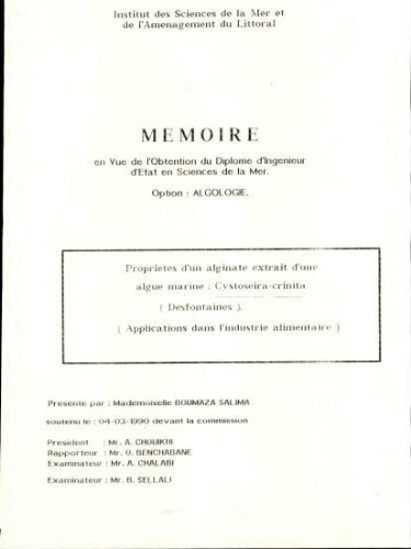 Propriétés d'un alginate extrait d'une algue marine, Cystosira crinita (Desfontaines ) Propriétés d'un alginate extrait d'une algue marine, Cystosira crinita (Desfontaines )