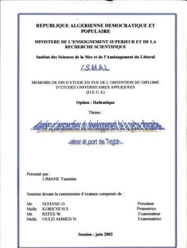 Analyse et perspectives du développement de la pêche artisanale dans le port de Tigzirt Analyse et perspectives du développement de la pêche artisanale dans le port de Tigzirt