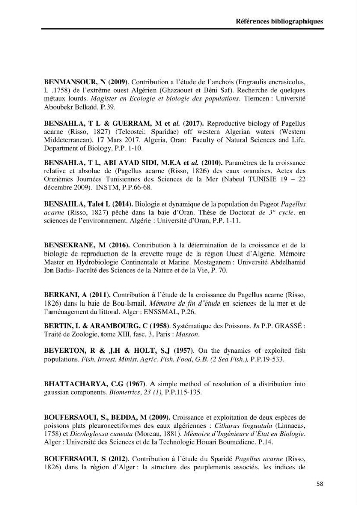 Etude comparative d’Age et de croissance de l’espèce Pagellus acarne (Risso, 1827) dans les trois secteurs géographiques du littoral Algérien.:
