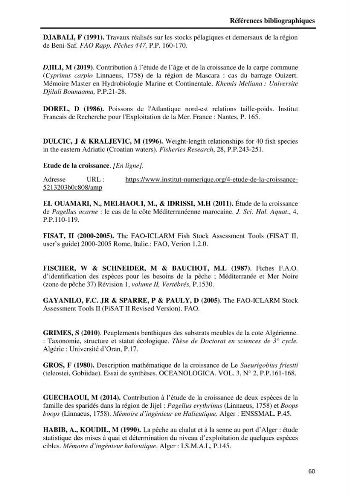 Etude comparative d’Age et de croissance de l’espèce Pagellus acarne (Risso, 1827) dans les trois secteurs géographiques du littoral Algérien.: