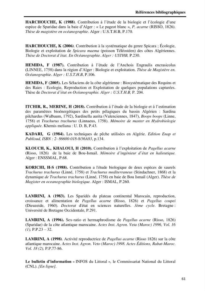 Etude comparative d’Age et de croissance de l’espèce Pagellus acarne (Risso, 1827) dans les trois secteurs géographiques du littoral Algérien.: