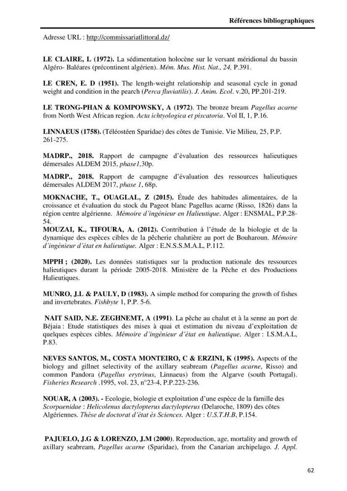 Etude comparative d’Age et de croissance de l’espèce Pagellus acarne (Risso, 1827) dans les trois secteurs géographiques du littoral Algérien.:
