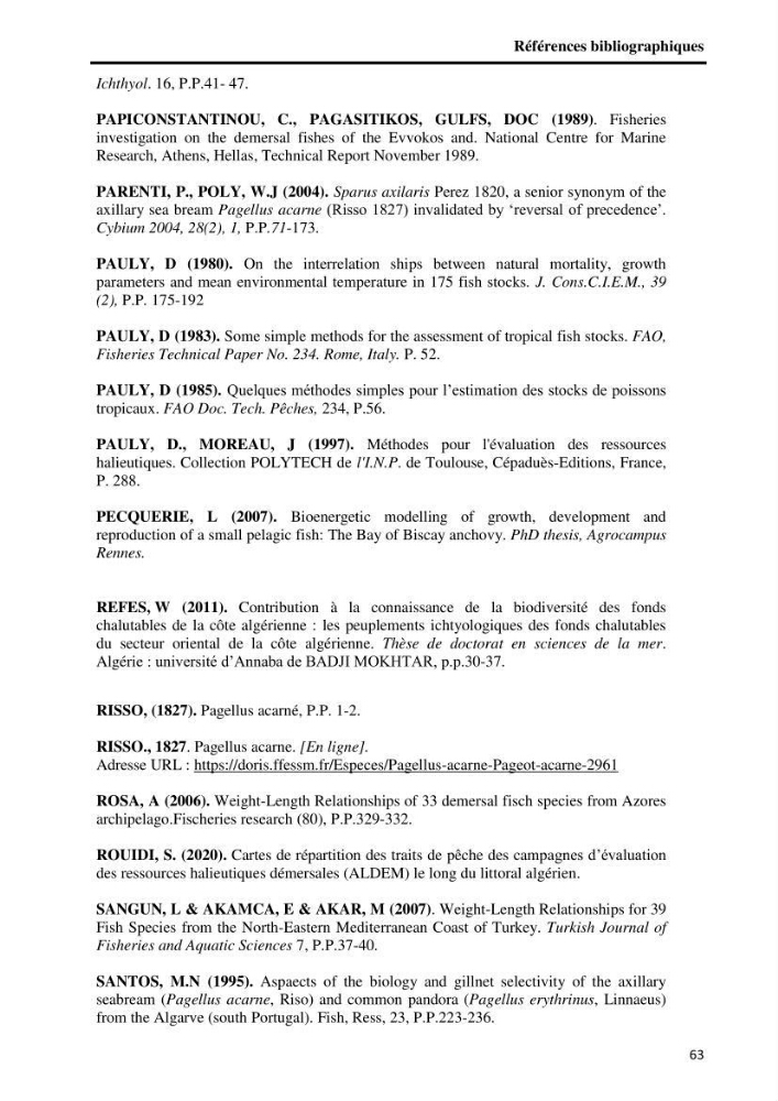 Etude comparative d’Age et de croissance de l’espèce Pagellus acarne (Risso, 1827) dans les trois secteurs géographiques du littoral Algérien.: