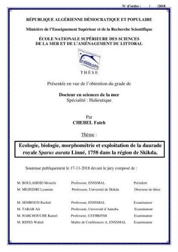 Ecologie, biologie, morphométrie et exploitation de la daurade royale Sparus aurata Linné, 1758 dans la région de SKIKDA.: Ecologie, biologie, morphométrie et exploitation de la daurade royale Sparus aurata Linné, 1758 dans la région de SKIKDA.: