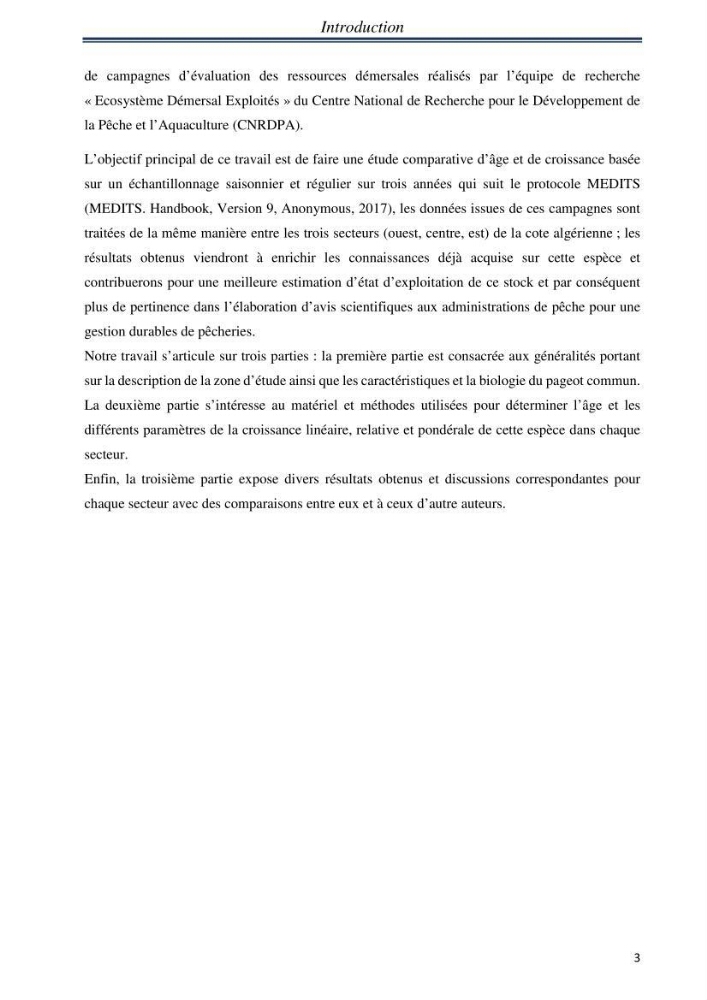 Etude comparative d’âge et de la croissance de l’espèce Pagellus erythrinus (Linnaeus, 1758) dans les trois secteurs géographiques du littoral Algérien.
