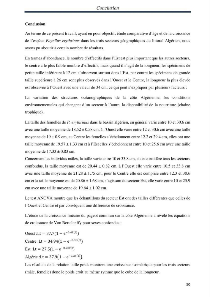 Etude comparative d’âge et de la croissance de l’espèce Pagellus erythrinus (Linnaeus, 1758) dans les trois secteurs géographiques du littoral Algérien.
