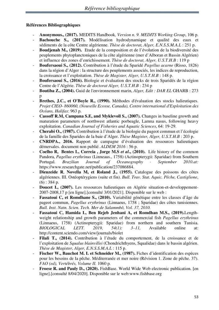 Etude comparative d’âge et de la croissance de l’espèce Pagellus erythrinus (Linnaeus, 1758) dans les trois secteurs géographiques du littoral Algérien.