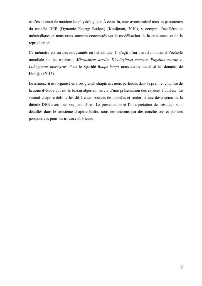 Estimation des paramètres du modèle bioénergétique DEB (Dynamic Energy Budget) pour étudier la croissance et la reproduction de quelques espèces de Sparidae et de Soleidae des côtes algériennes.