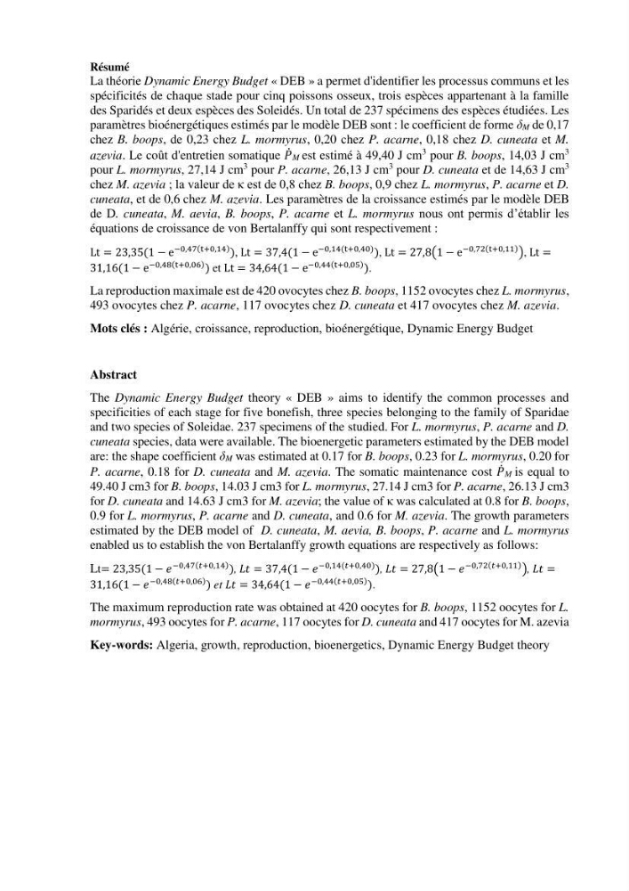 Estimation des paramètres du modèle bioénergétique DEB (Dynamic Energy Budget) pour étudier la croissance et la reproduction de quelques espèces de Sparidae et de Soleidae des côtes algériennes.