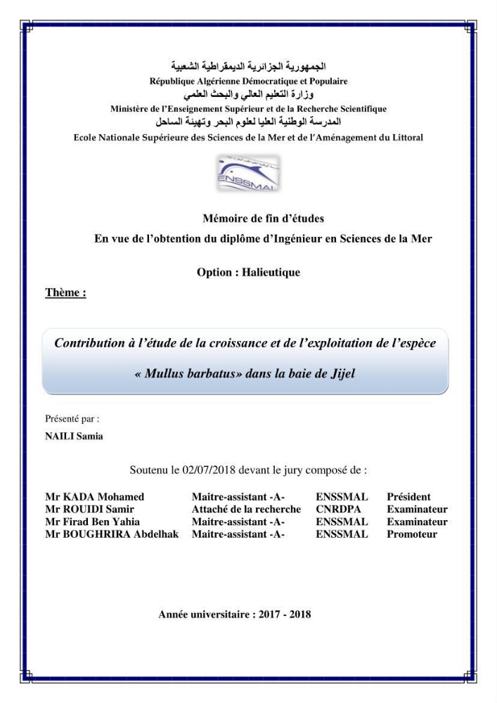 Contribution à l’étude de la croissance et de l’exploitation de l’espèce « Mullus barbatus» dans la baie de Jijel.