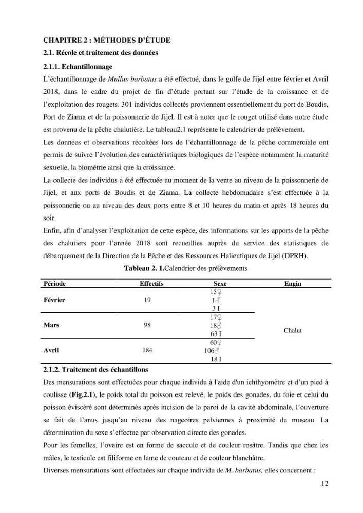 Contribution à l’étude de la croissance et de l’exploitation de l’espèce « Mullus barbatus» dans la baie de Jijel.