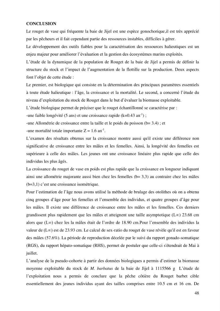 Contribution à l’étude de la croissance et de l’exploitation de l’espèce « Mullus barbatus» dans la baie de Jijel.