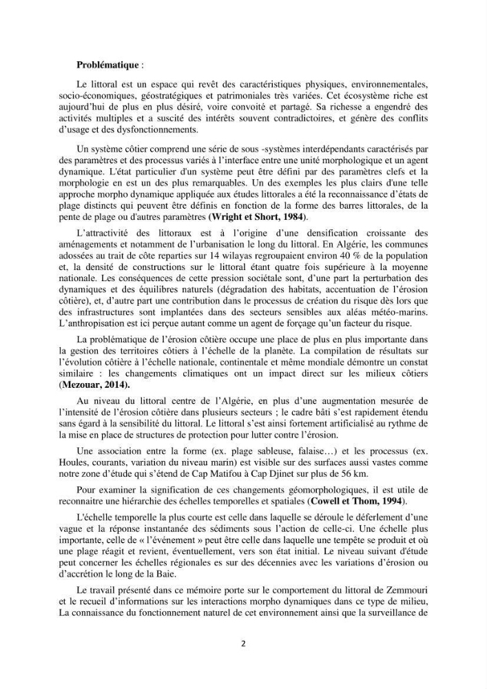 Modélisation de la dynamique et la cinématique à multi échelles du trait de côte et évaluation des zones à risques du littoral centre Algérien : Baie de Zemmouri