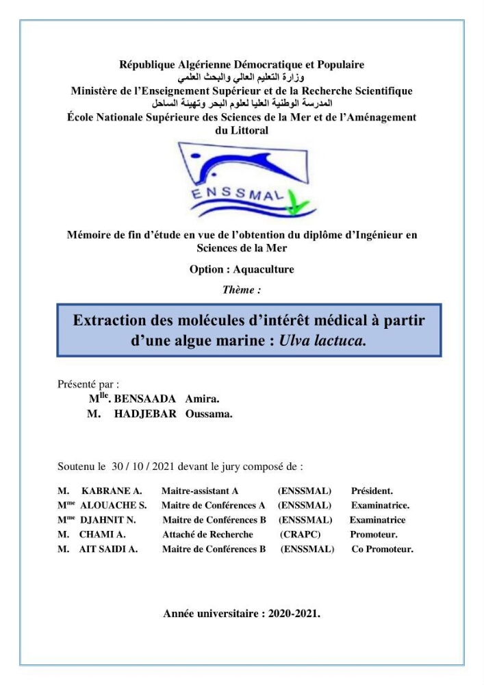 Extraction des molécules d’intérêt médical à partir d’une algue marine