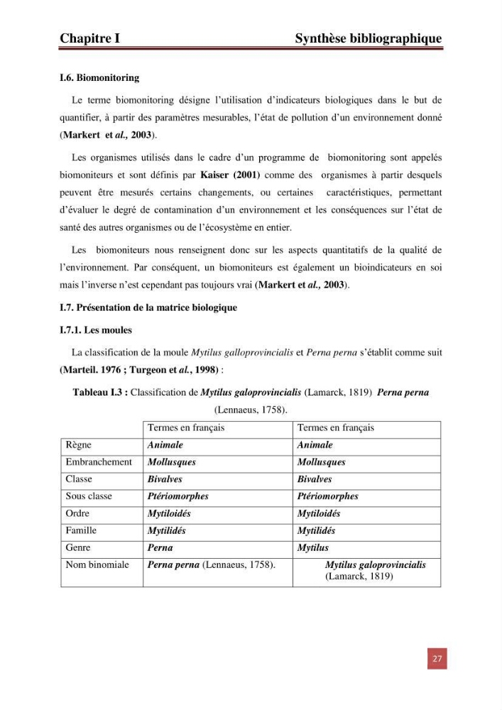 Evaluation du taux des hydrocarbures aromatiques polycycliques chez le mollusque Patella.sp et les moules du littoral Algérois: