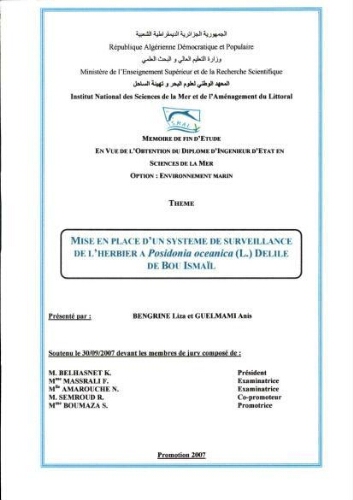 Mise en place d'un système de surveillance de l'heriber a Posidonia oceanica (L) Delile de Bou Ismail Mise en place d'un système de surveillance de l'heriber a Posidonia oceanica (L) Delile de Bou Ismail