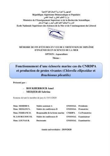 Fonctionnement d’une écloserie marine cas du CNRDPA et production de proies vivantes (Chlorella ellipsoïdae et Brachionus plicatilis): Fonctionnement d’une écloserie marine cas du CNRDPA et production de proies vivantes (Chlorella ellipsoïdae et Brachionus plicatilis):