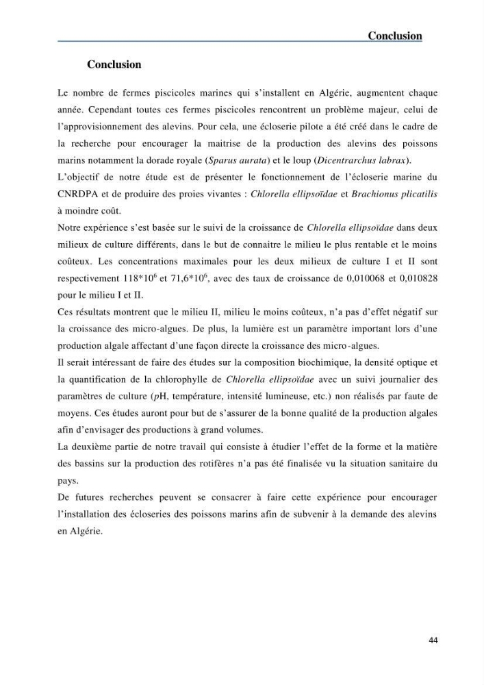 Fonctionnement d’une écloserie marine cas du CNRDPA et production de proies vivantes (Chlorella ellipsoïdae et Brachionus plicatilis):
