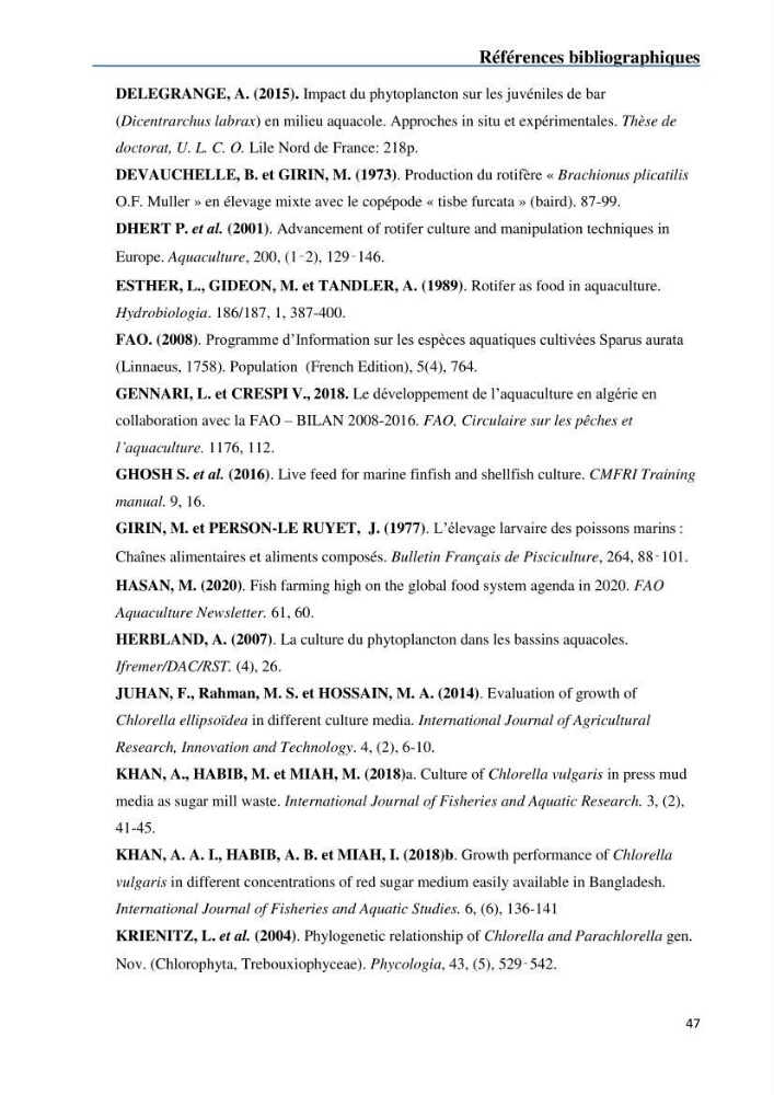 Fonctionnement d’une écloserie marine cas du CNRDPA et production de proies vivantes (Chlorella ellipsoïdae et Brachionus plicatilis):