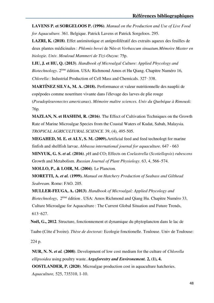 Fonctionnement d’une écloserie marine cas du CNRDPA et production de proies vivantes (Chlorella ellipsoïdae et Brachionus plicatilis):