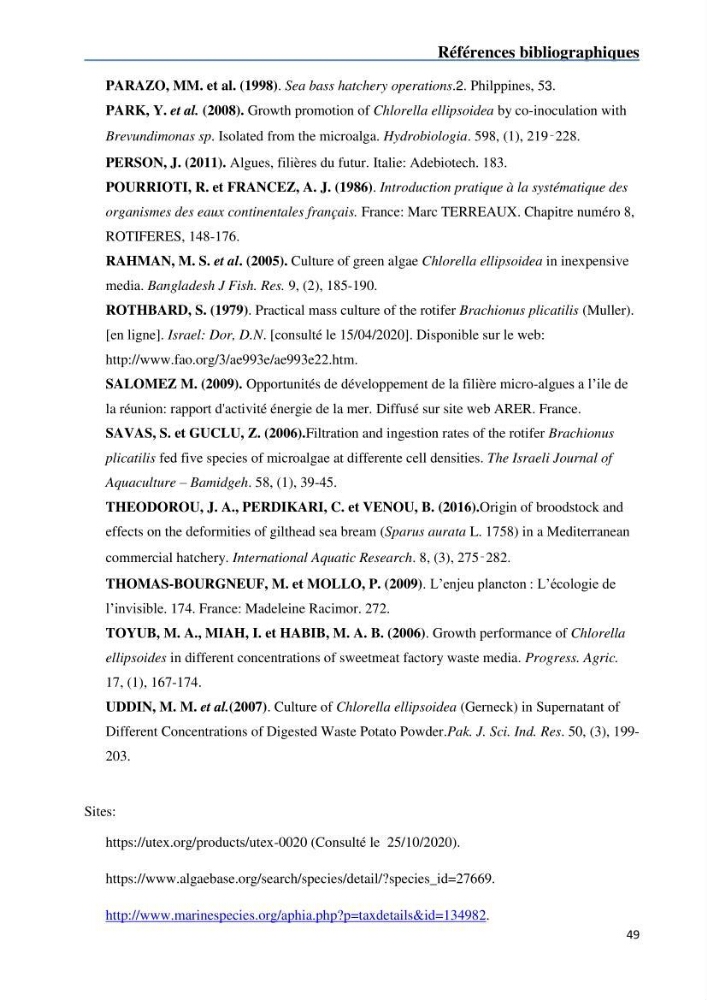 Fonctionnement d’une écloserie marine cas du CNRDPA et production de proies vivantes (Chlorella ellipsoïdae et Brachionus plicatilis):