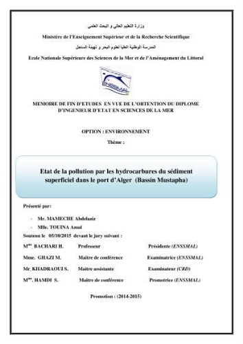 Etat de la pollution par les hydrocarbures du sédiment superficiel dans le port d'Alger: bassin Mustapha Etat de la pollution par les hydrocarbures du sédiment superficiel dans le port d'Alger: bassin Mustapha
