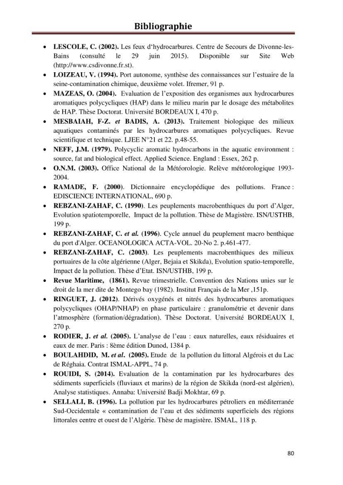 Etat de la pollution par les hydrocarbures du sédiment superficiel dans le port d\'Alger: bassin Mustapha
