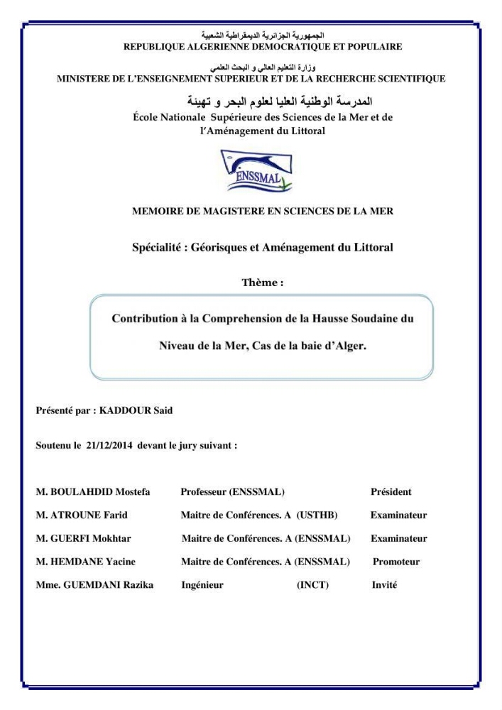 Contribution à la compréhension de la hausse Soudaine du Niveau de la mer: cas de la baie d\'Alger