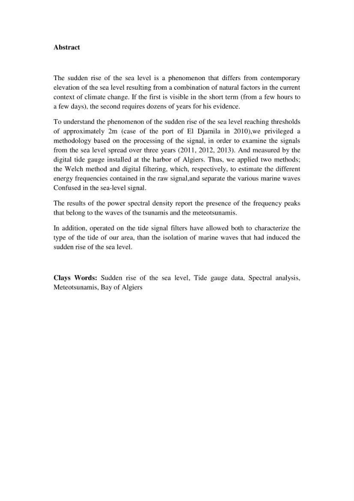 Contribution à la compréhension de la hausse Soudaine du Niveau de la mer: cas de la baie d\'Alger
