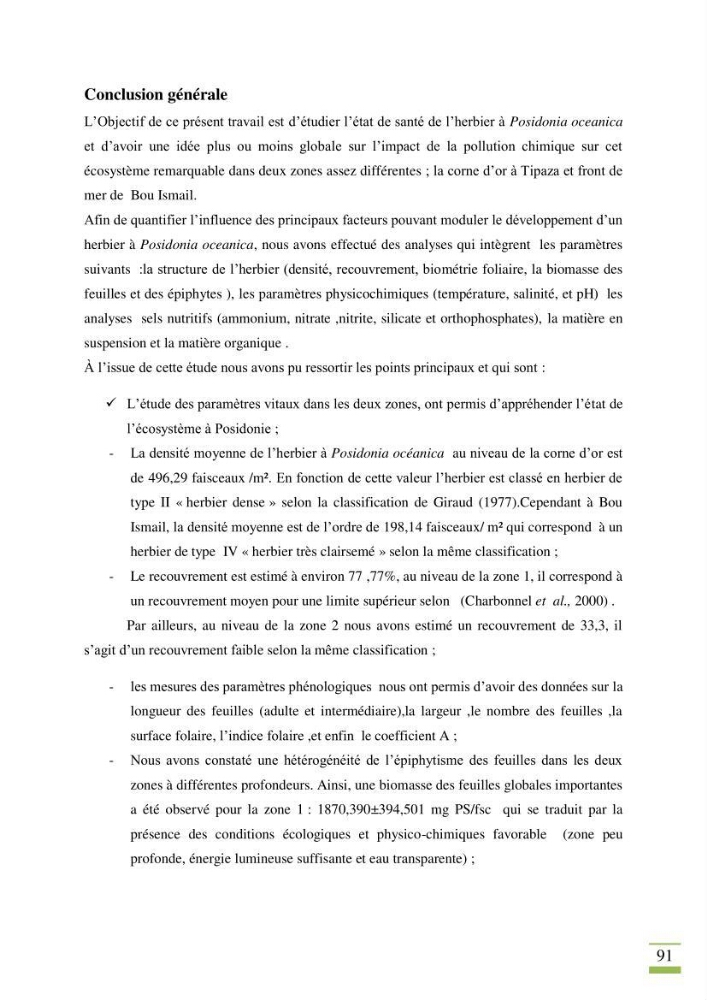 Contribution à l\'étude des paramètres vitaux de l\'herbier à posidonie ( Posidonia oceanica) en relation avec la pollurtion: