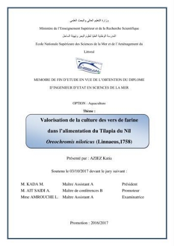 Valorisation de la culture des vers de farine dans l'alimentation du Tilapia du Nil Oreochromis niloticus (Linnaeus, 1758° Valorisation de la culture des vers de farine dans l'alimentation du Tilapia du Nil Oreochromis niloticus (Linnaeus, 1758°