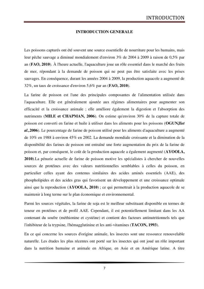 Valorisation de la culture des vers de farine dans l\'alimentation du Tilapia du Nil Oreochromis niloticus (Linnaeus, 1758°