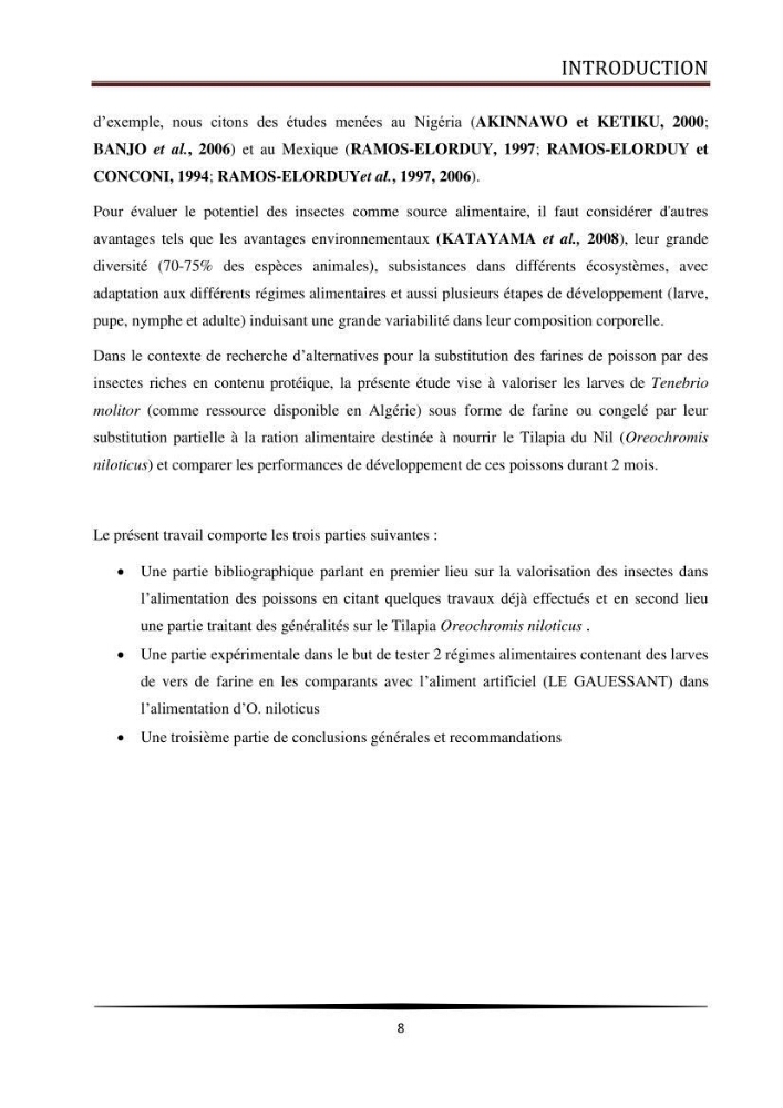 Valorisation de la culture des vers de farine dans l\'alimentation du Tilapia du Nil Oreochromis niloticus (Linnaeus, 1758°