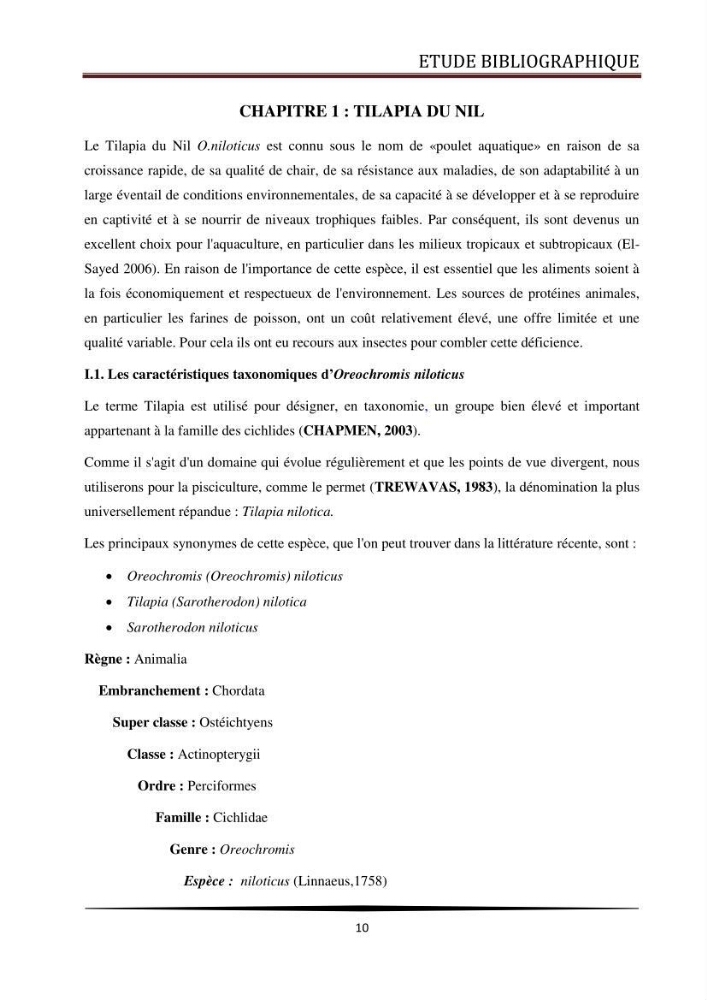 Valorisation de la culture des vers de farine dans l\'alimentation du Tilapia du Nil Oreochromis niloticus (Linnaeus, 1758°