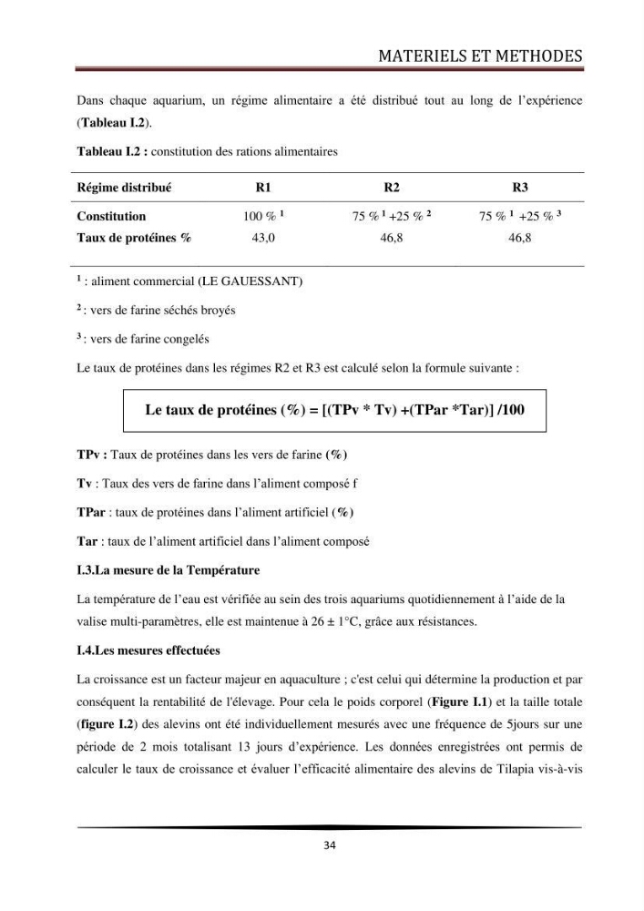 Valorisation de la culture des vers de farine dans l\'alimentation du Tilapia du Nil Oreochromis niloticus (Linnaeus, 1758°