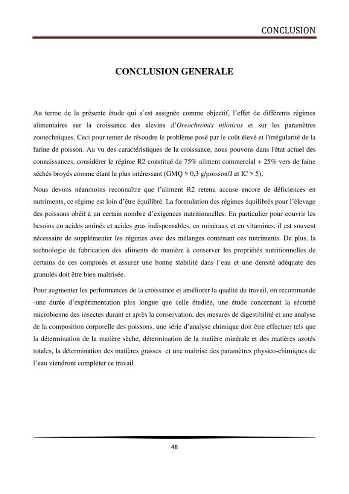 Valorisation de la culture des vers de farine dans l\'alimentation du Tilapia du Nil Oreochromis niloticus (Linnaeus, 1758°