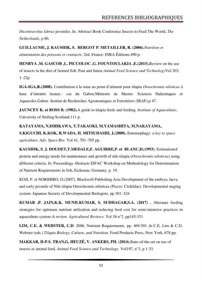 Valorisation de la culture des vers de farine dans l\'alimentation du Tilapia du Nil Oreochromis niloticus (Linnaeus, 1758°