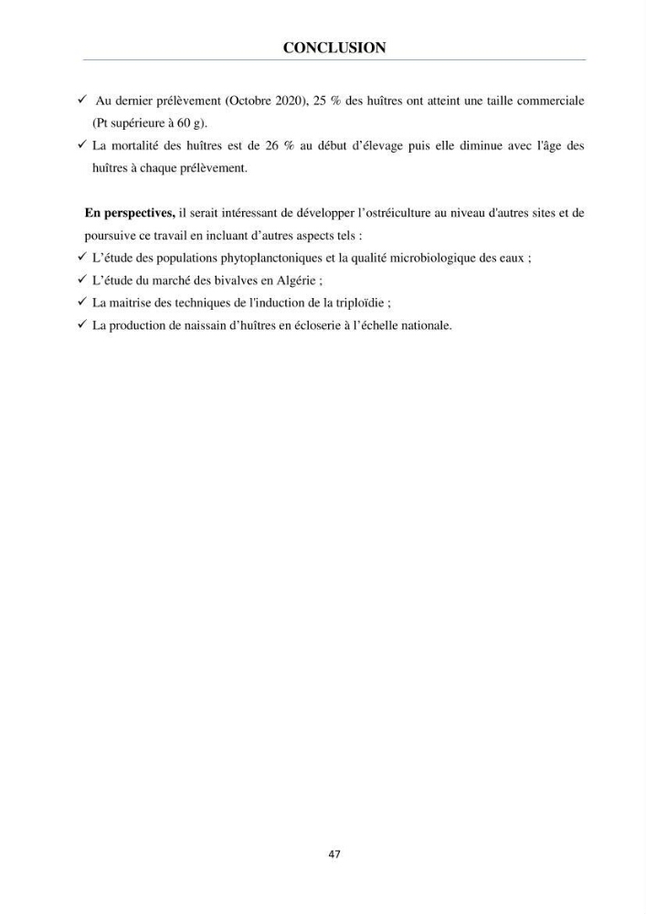 Etude des performances de croissance de l\'huître Crassostrea gigas (THUNBERG, 1793) triploïde de l\'élevage Cultures Marines (Tipaza)