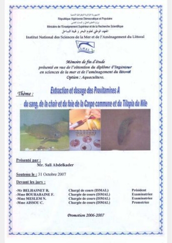 Extraction et dosage des Provitamines A du sang, de la chair et du foie de la carpe commune et du tilapia du Nile Extraction et dosage des Provitamines A du sang, de la chair et du foie de la carpe commune et du tilapia du Nile