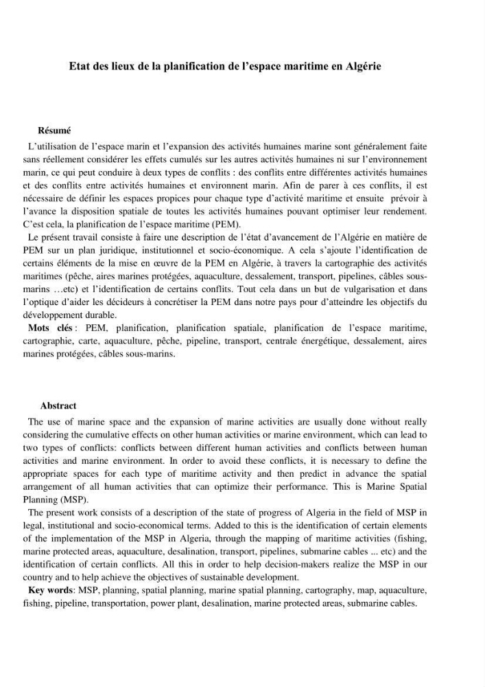 Etat des lieux de la planification de l\'espace maritime en Algerie