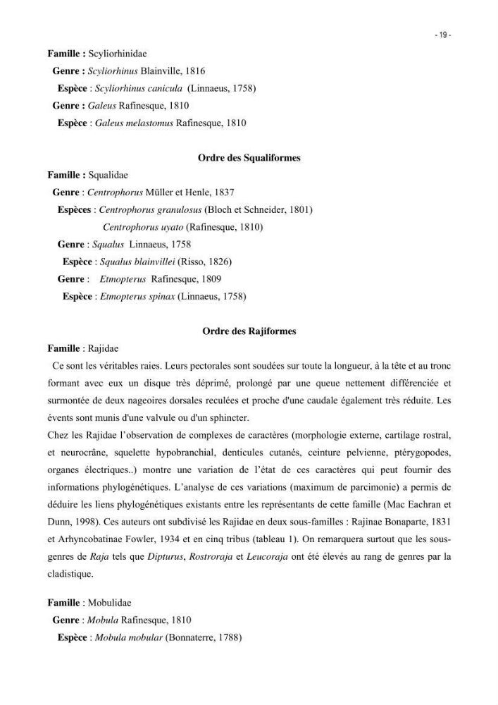 Les Sélaciens de la côte algérienne, biosystématique des requins et les raies