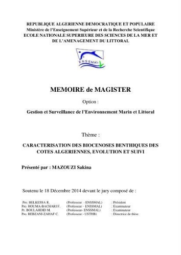 Caractérisation des biocenoces benthiques des côtes Algériennes Caractérisation des biocenoces benthiques des côtes Algériennes