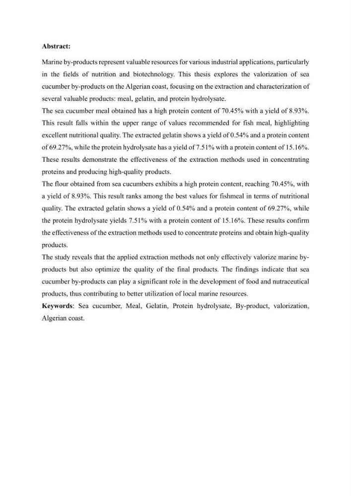 Contribution à la valorisation des coproduits des espèces d\'holothurie ( concombre de mer ) pêchées dans la côte algérienne
