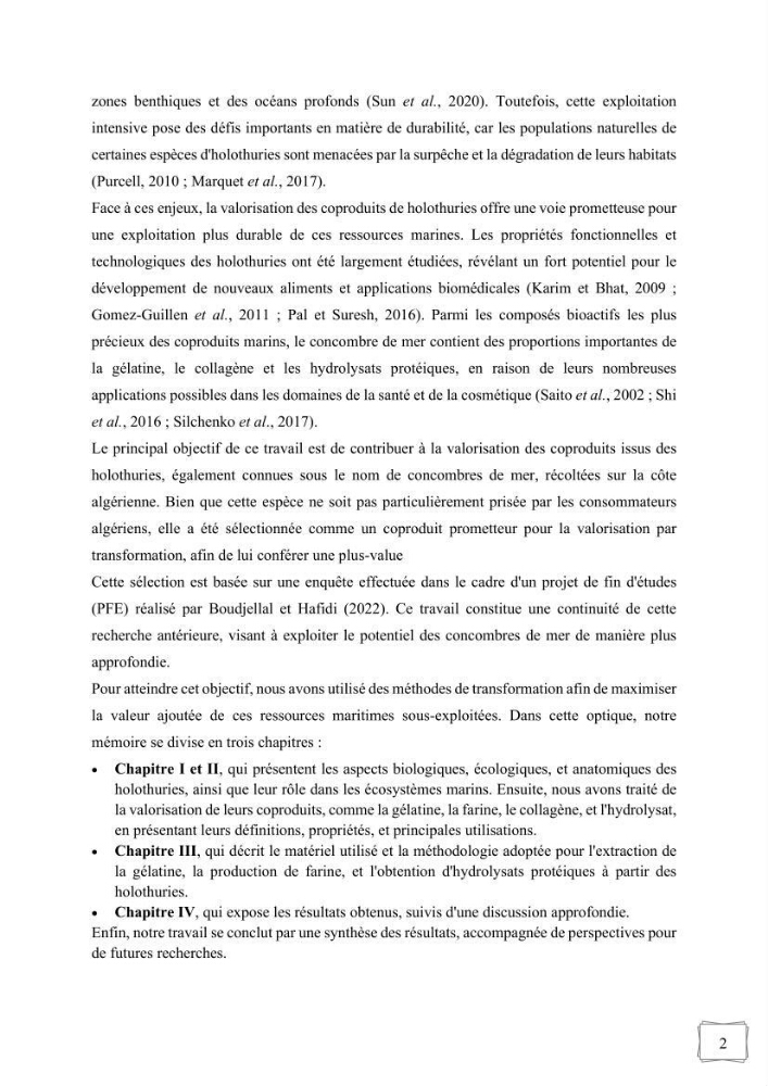 Contribution à la valorisation des coproduits des espèces d\'holothurie ( concombre de mer ) pêchées dans la côte algérienne