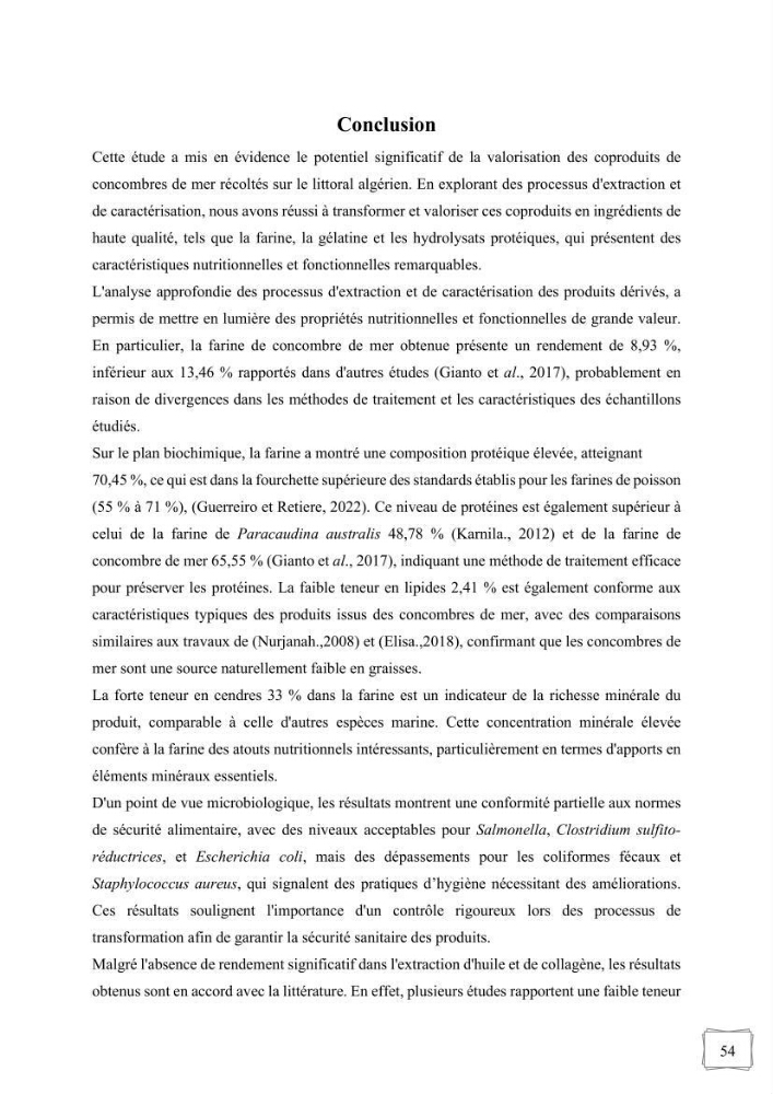 Contribution à la valorisation des coproduits des espèces d\'holothurie ( concombre de mer ) pêchées dans la côte algérienne