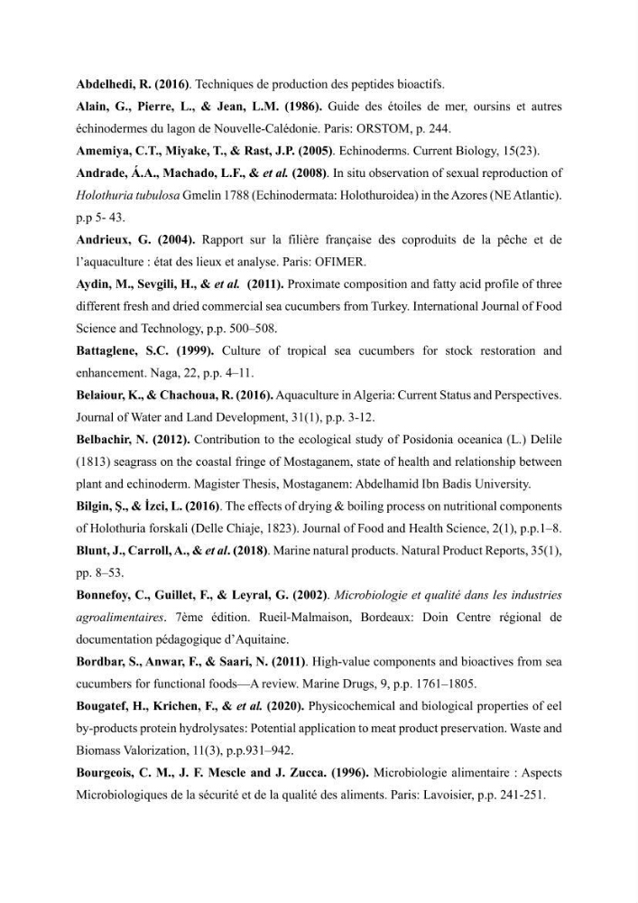 Contribution à la valorisation des coproduits des espèces d\'holothurie ( concombre de mer ) pêchées dans la côte algérienne